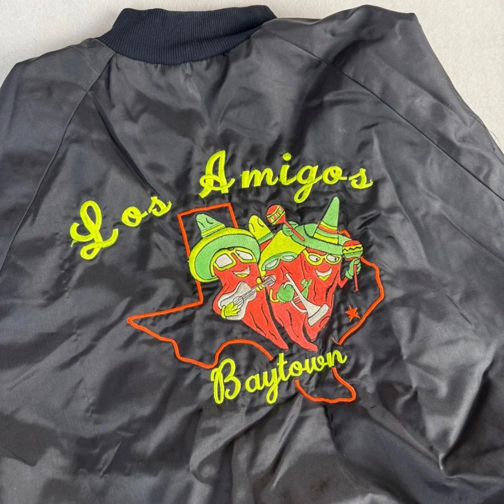 80s Vintage WestArk Los Amigos Team Bomber Jacket Black Satin Mens XL USA